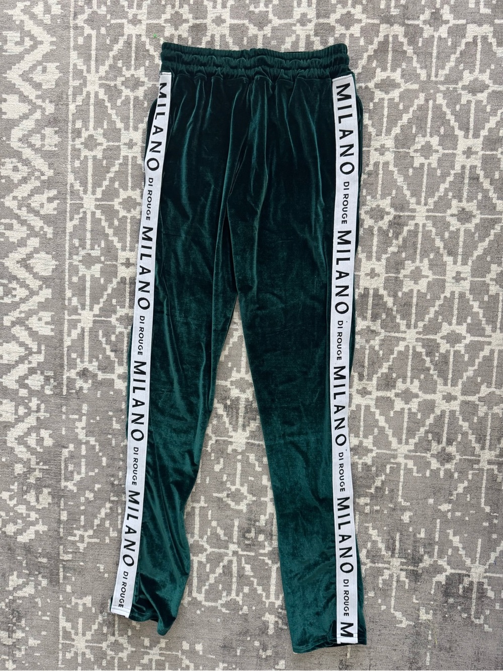 Milano Di Rouge Plush Velvet Velour Joggers in Deep green teal white stripe logo